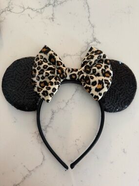 Leopard Bow Sequin Minnie Ears Headband - Black & Tan